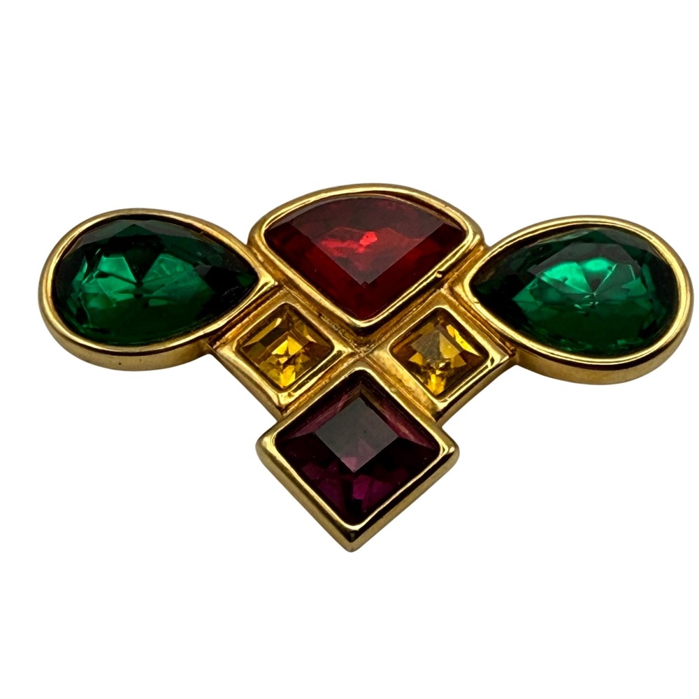 Vintage Gold Tone Multicolor Glass Cabochon Rhinestone Geometric Brooch Pin